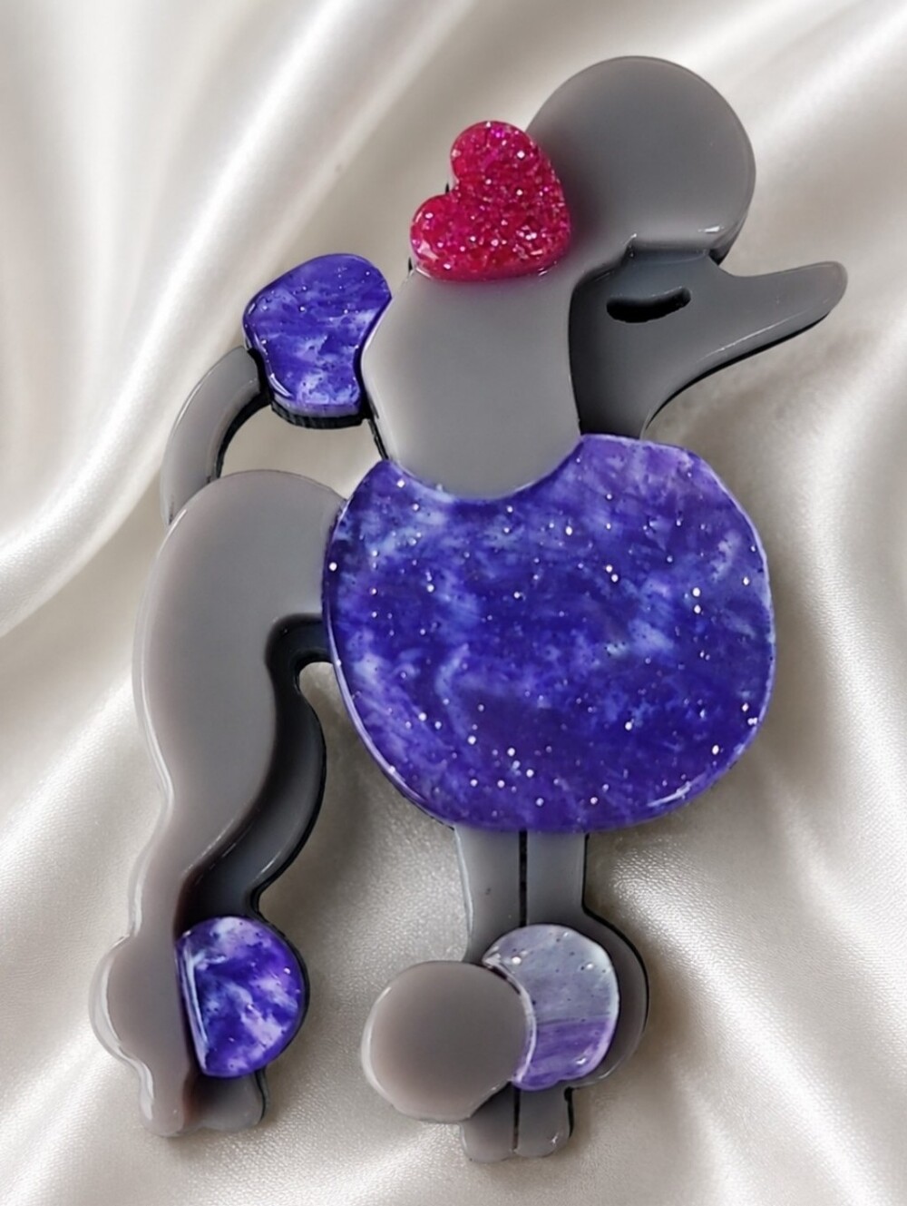 Grey Gray Purple French Poodle Layered Lucite Acrylic Resin Figural Brooch Pin
